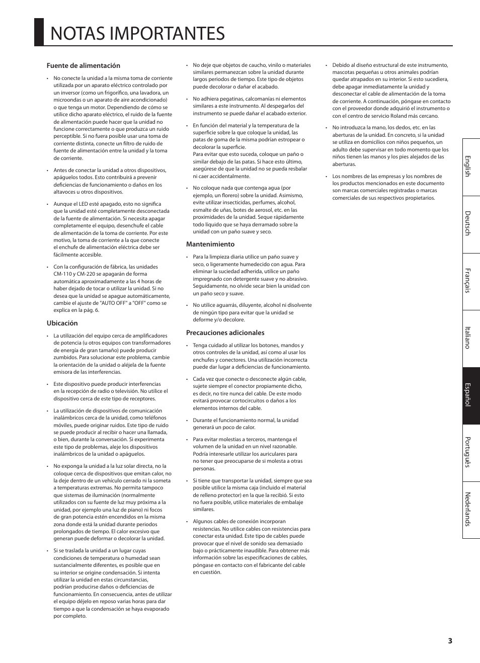 Notas importantes | Roland CUBE MONITOR cm110 User Manual | Page 53 / 92