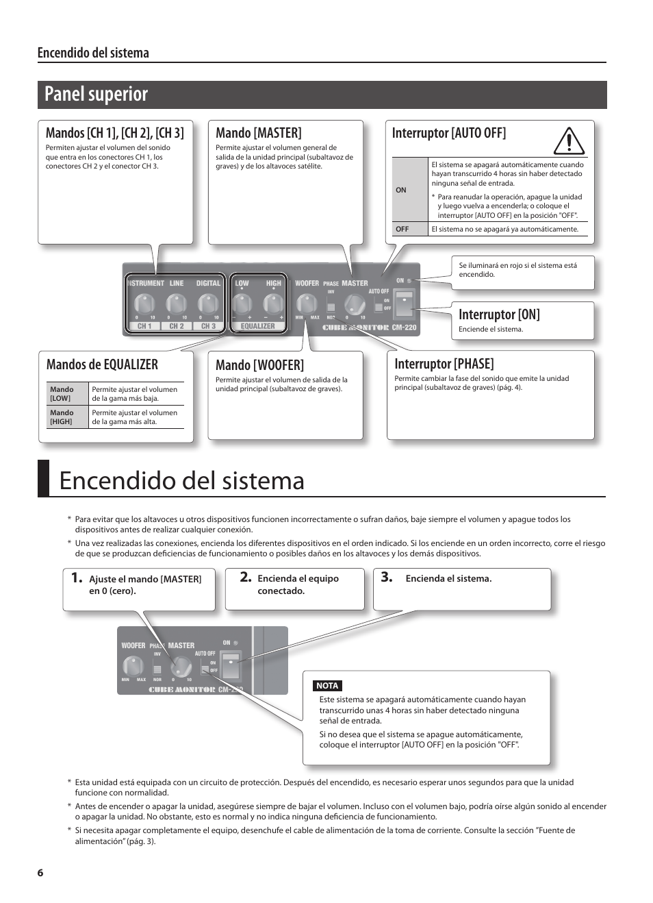 Encendido del sistema, Panel☐superior, Encendido☐del☐sistema | Interruptor☐[on, Mando☐[master, Interruptor☐[auto☐off, Mandos☐[ch☐1],☐[ch☐2],☐[ch☐3, Mando☐[woofer, Interruptor☐[phase, Mandos☐de☐equalizer | Roland CUBE MONITOR cm110 User Manual | Page 56 / 92