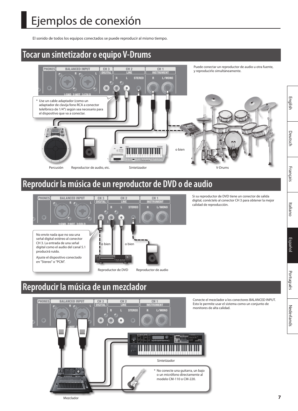 Ejemplos de conexión, Tocar☐un☐sintetizador☐o☐equipo☐v-drums, Reproducir☐la☐música☐de☐un☐mezclador | Roland CUBE MONITOR cm110 User Manual | Page 57 / 92