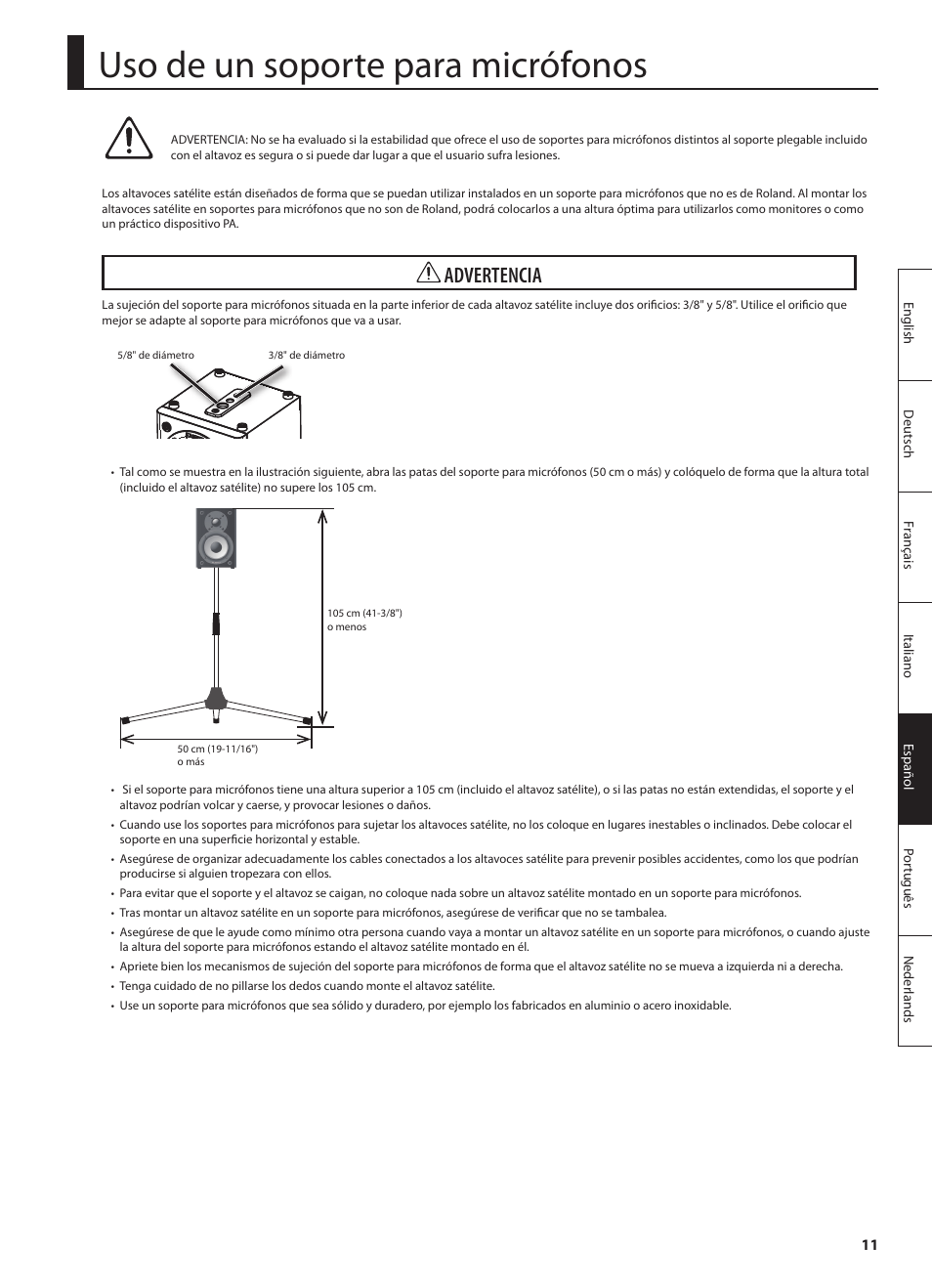 Uso de un soporte para micrófonos, Advertencia | Roland CUBE MONITOR cm110 User Manual | Page 61 / 92