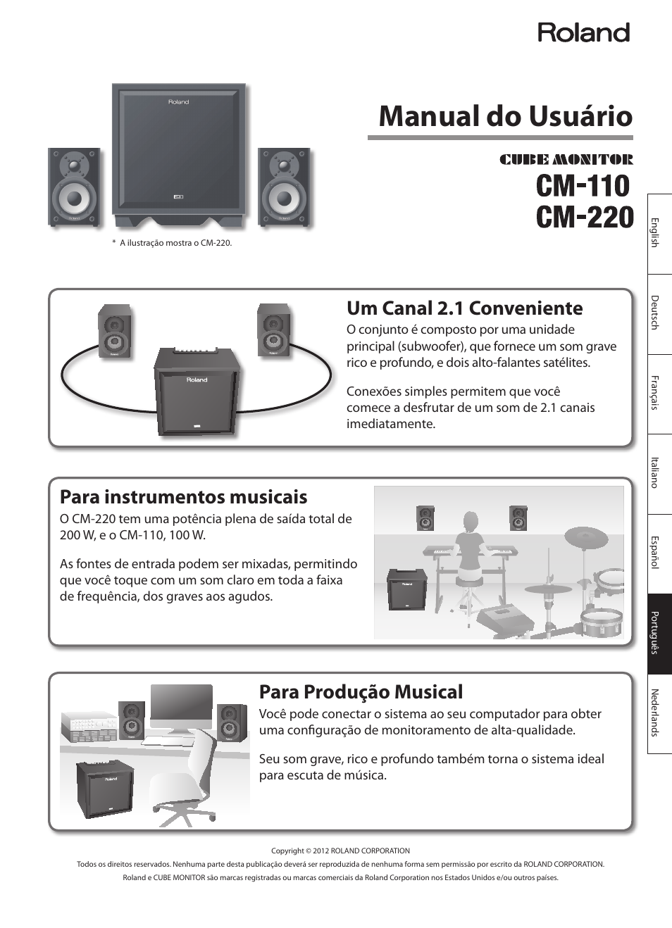 Português, Manual do usuário, Para instrumentos musicais | Para produção musical, Um canal 2.1 conveniente | Roland CUBE MONITOR cm110 User Manual | Page 63 / 92