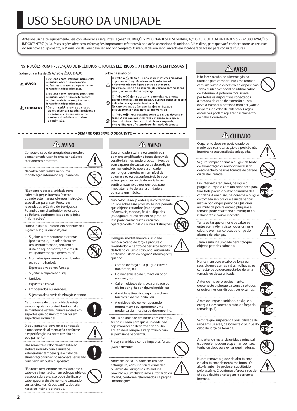 Uso seguro da unidade, Aviso, Cuidado | Roland CUBE MONITOR cm110 User Manual | Page 64 / 92