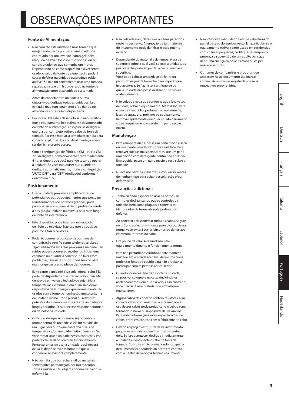 Observações importantes | Roland CUBE MONITOR cm110 User Manual | Page 65 / 92