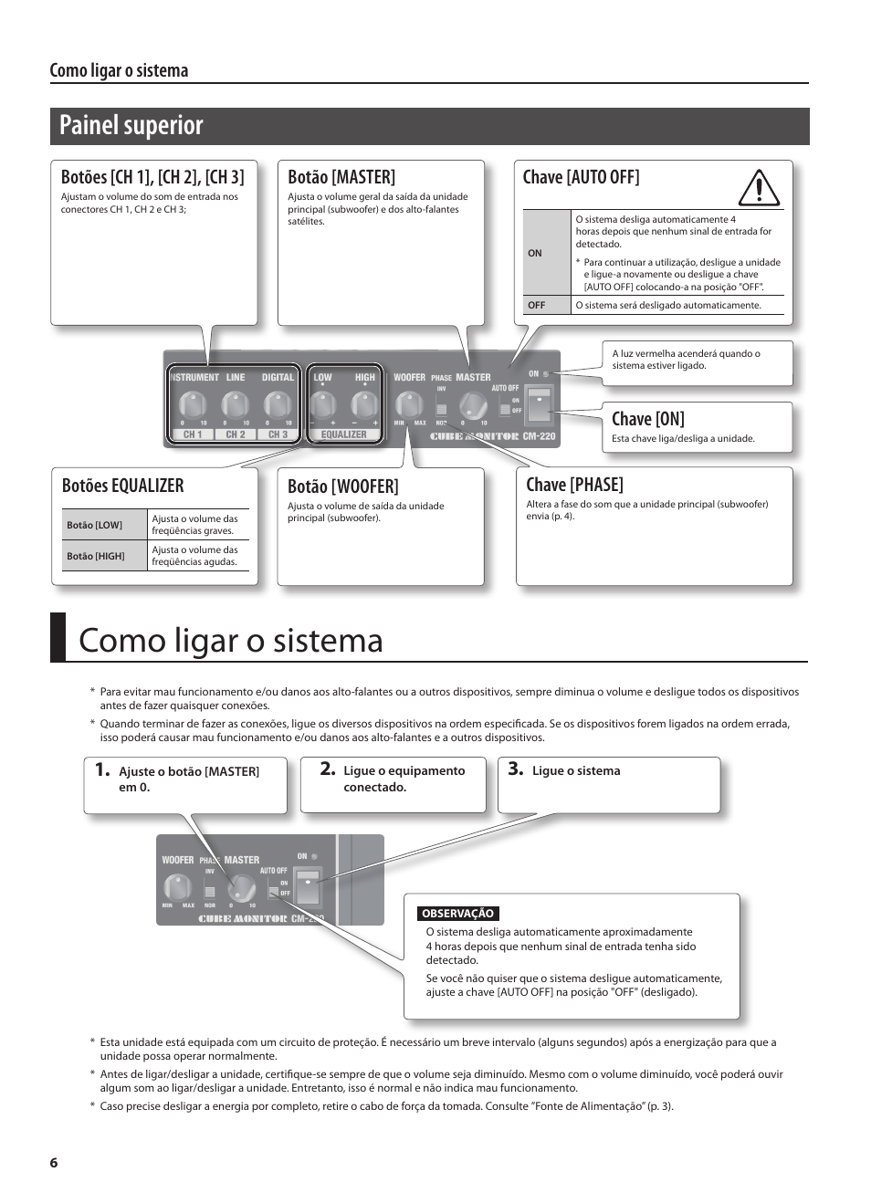 Painel superior, Como ligar o sistema, Chave [on | Botão [master, Chave [auto off, Botões [ch 1], [ch 2], [ch 3, Botão [woofer, Chave [phase, Botões equalizer | Roland CUBE MONITOR cm110 User Manual | Page 68 / 92