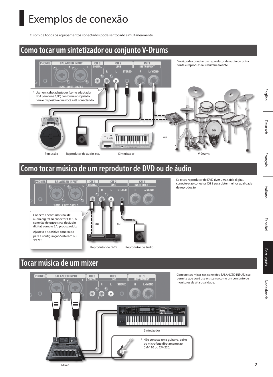 Exemplos de conexão, Como tocar um sintetizador ou conjunto v-drums, Tocar música de um mixer | Roland CUBE MONITOR cm110 User Manual | Page 69 / 92