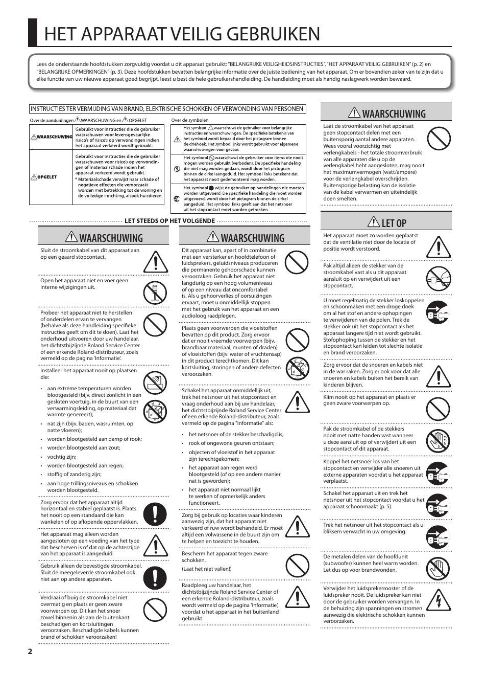 Het apparaat veilig gebruiken, Waarschuwing, Let op | Roland CUBE MONITOR cm110 User Manual | Page 76 / 92