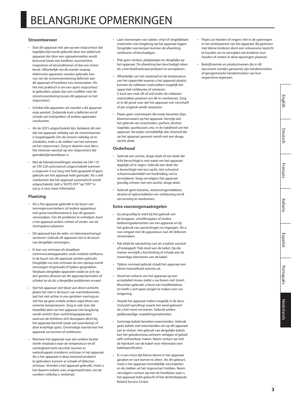 Belangrijke opmerkingen | Roland CUBE MONITOR cm110 User Manual | Page 77 / 92