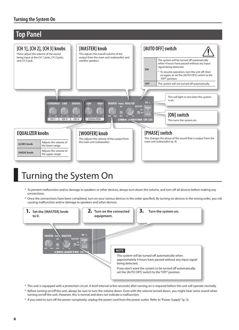 Top panel, Turning the system on, On] switch | Master] knob, Auto off] switch, Ch 1], [ch 2], [ch 3] knobs, Woofer] knob, Phase] switch, Equalizer knobs | Roland CUBE MONITOR cm110 User Manual | Page 8 / 92