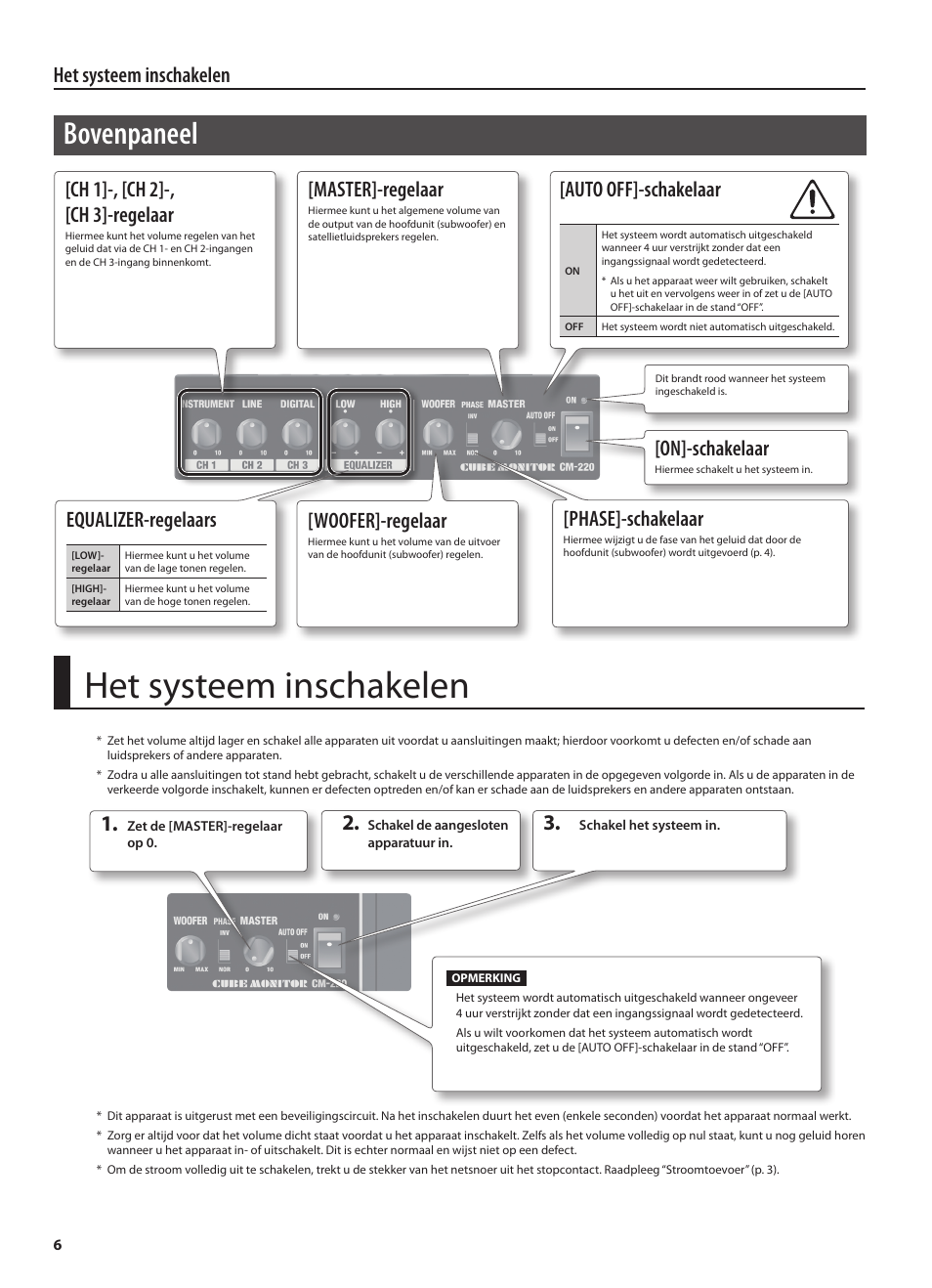 Bovenpaneel, Het systeem inschakelen, On]-schakelaar | Master]-regelaar, Auto off]-schakelaar, Ch 1]-, [ch 2]-, [ch 3]-regelaar, Woofer]-regelaar, Phase]-schakelaar, Equalizer-regelaars | Roland CUBE MONITOR cm110 User Manual | Page 80 / 92