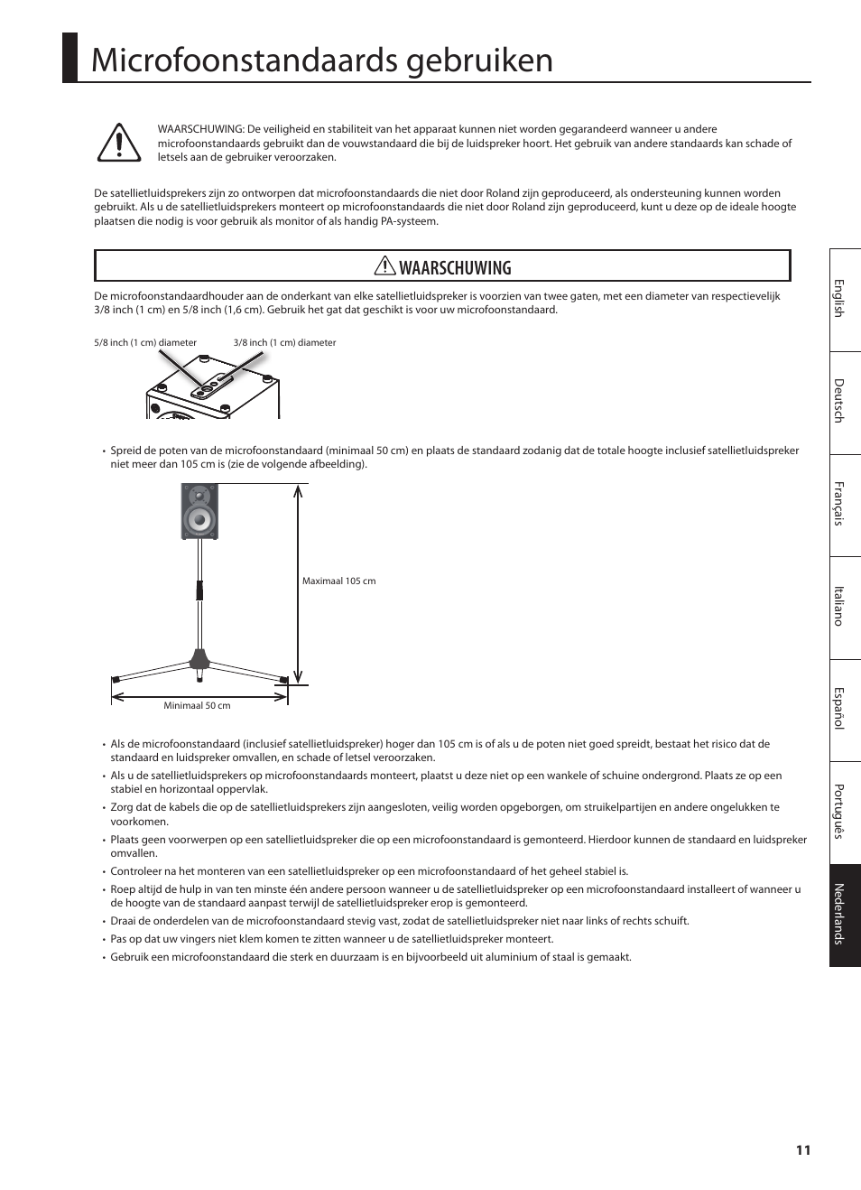 Microfoonstandaards gebruiken, Waarschuwing | Roland CUBE MONITOR cm110 User Manual | Page 85 / 92