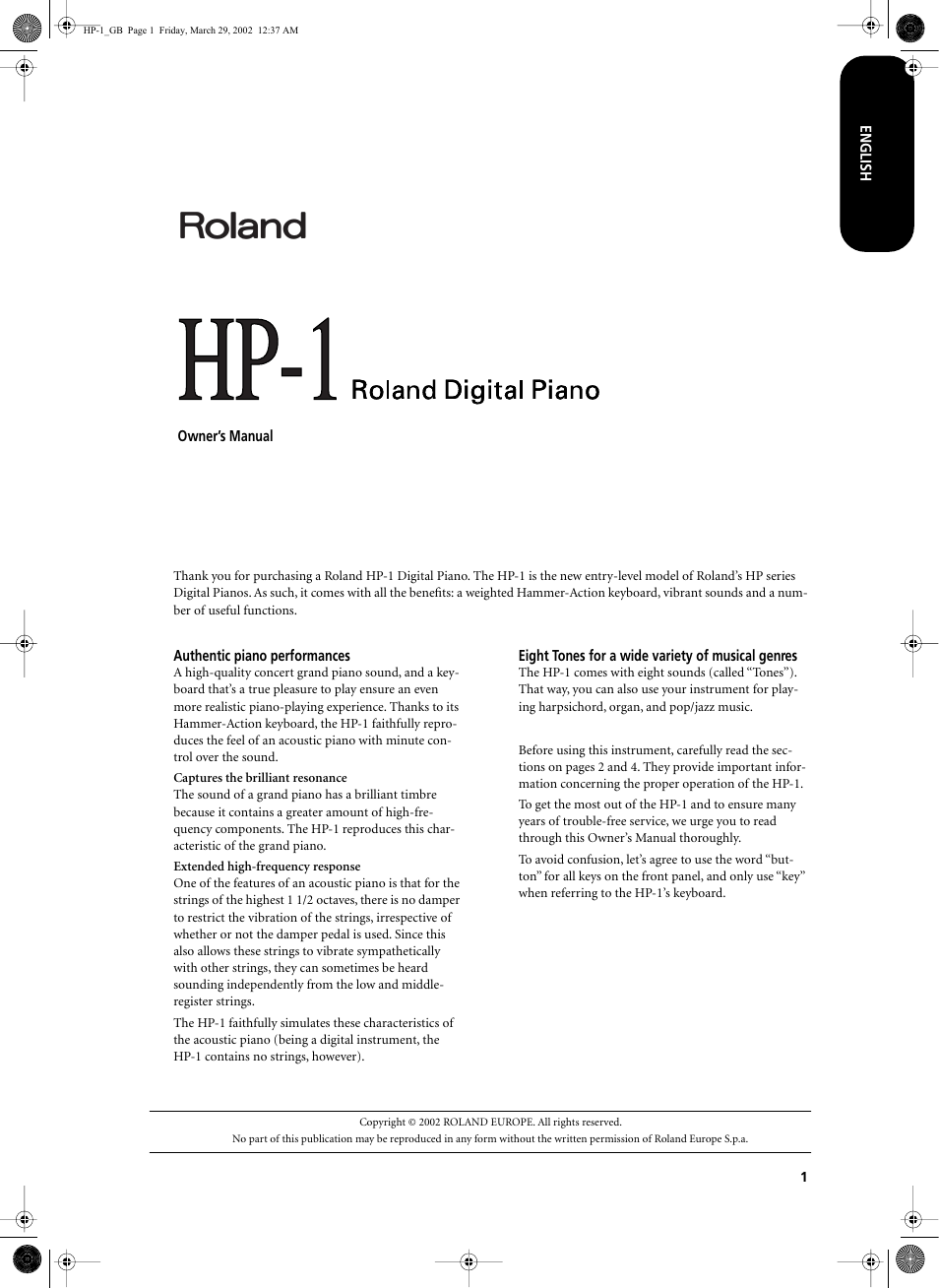 Roland HP-1 User Manual | 20 pages