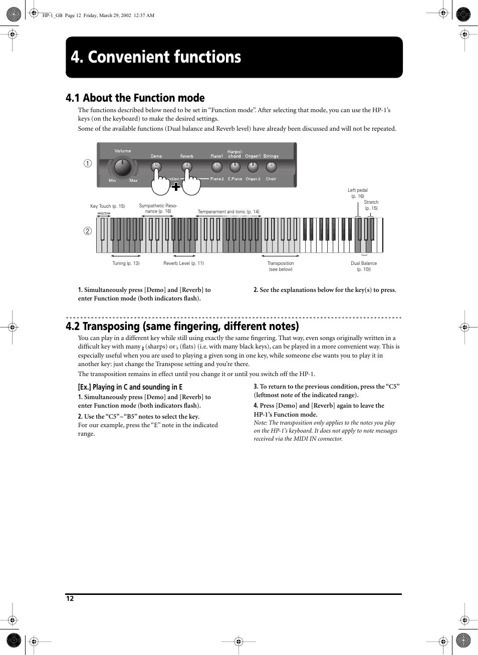 Convenient functions, 1 about the function mode | Roland HP-1 User Manual | Page 12 / 20