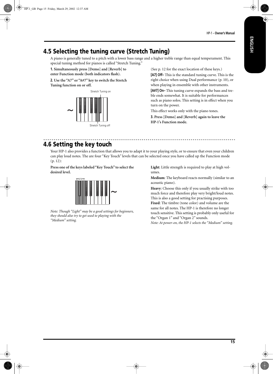 5 selecting the tuning curve (stretch tuning), 6 setting the key touch | Roland HP-1 User Manual | Page 15 / 20