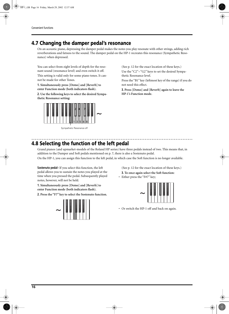 7 changing the damper pedal’s resonance, 8 selecting the function of the left pedal | Roland HP-1 User Manual | Page 16 / 20