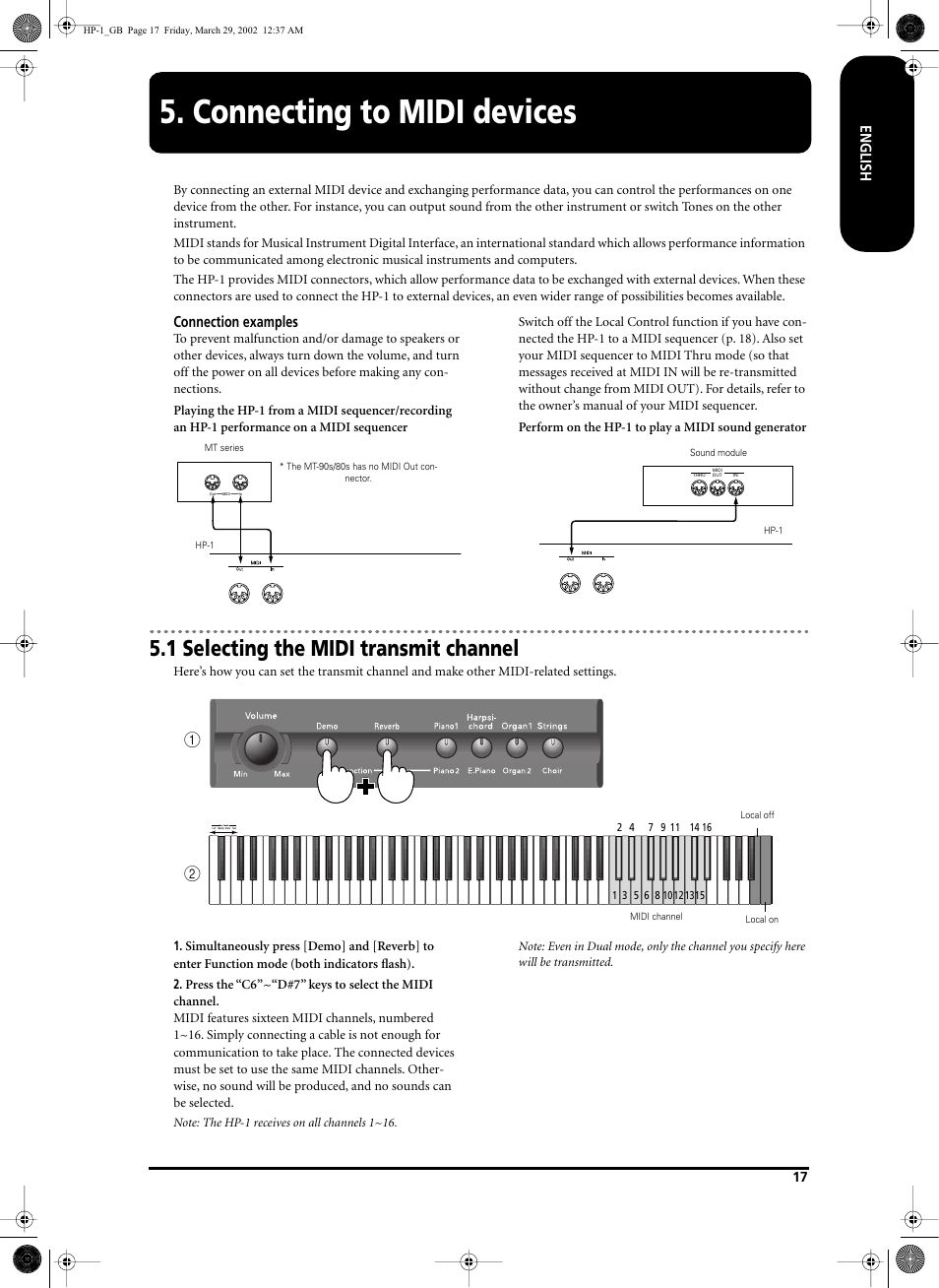 Connecting to midi devices, 1 selecting the midi transmit channel | Roland HP-1 User Manual | Page 17 / 20