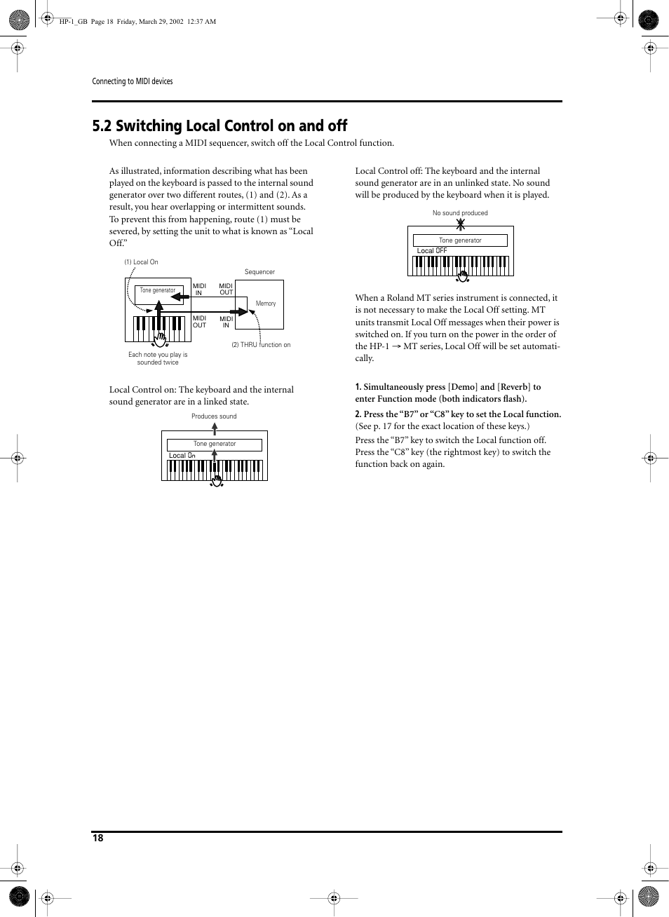 2 switching local control on and off | Roland HP-1 User Manual | Page 18 / 20