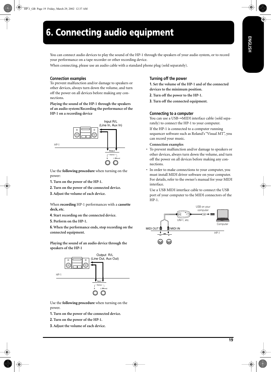 Connecting audio equipment | Roland HP-1 User Manual | Page 19 / 20