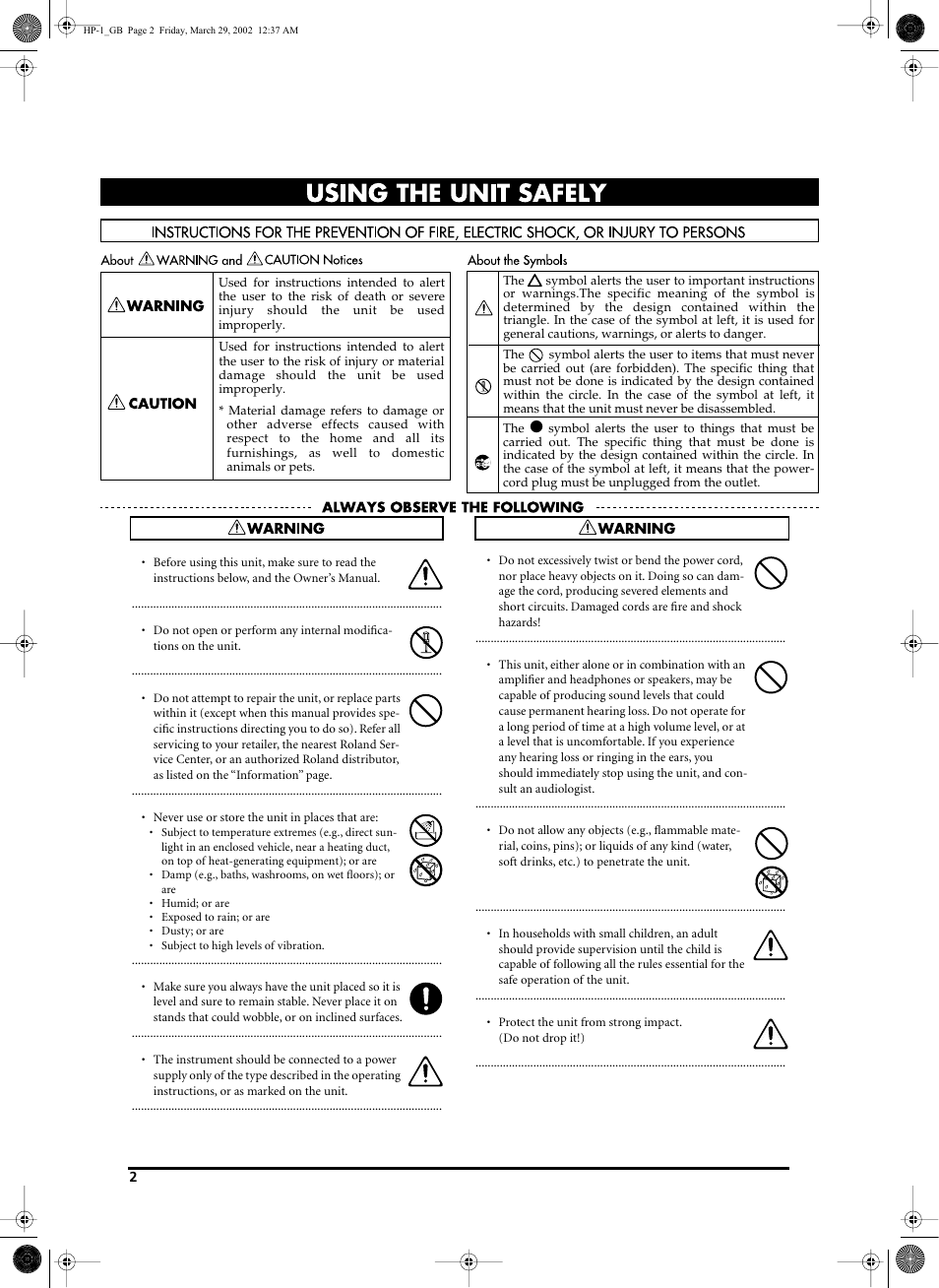 Roland HP-1 User Manual | Page 2 / 20