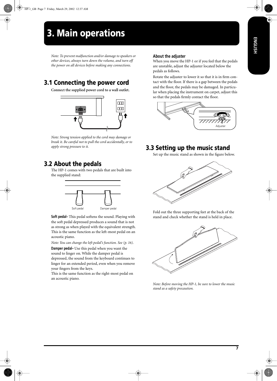 Main operations, 1 connecting the power cord, 2 about the pedals | 3 setting up the music stand | Roland HP-1 User Manual | Page 7 / 20