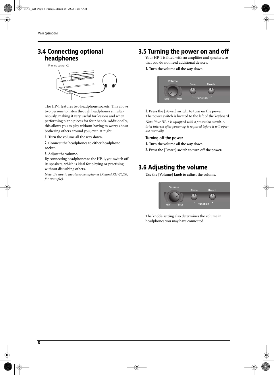 4 connecting optional headphones, 5 turning the power on and off, 6 adjusting the volume | Roland HP-1 User Manual | Page 8 / 20