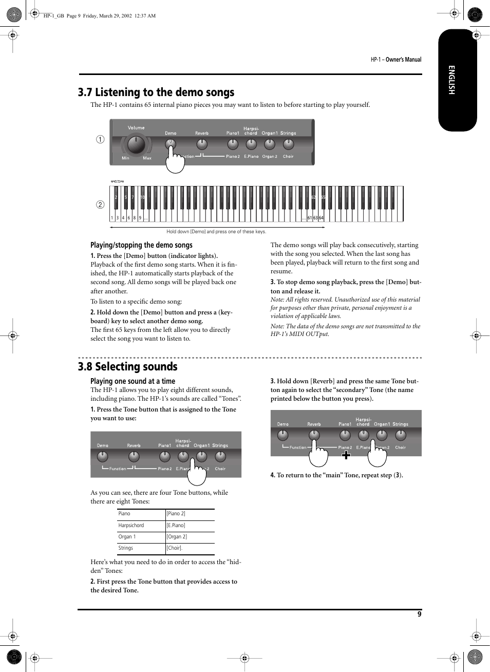 7 listening to the demo songs, 8 selecting sounds | Roland HP-1 User Manual | Page 9 / 20