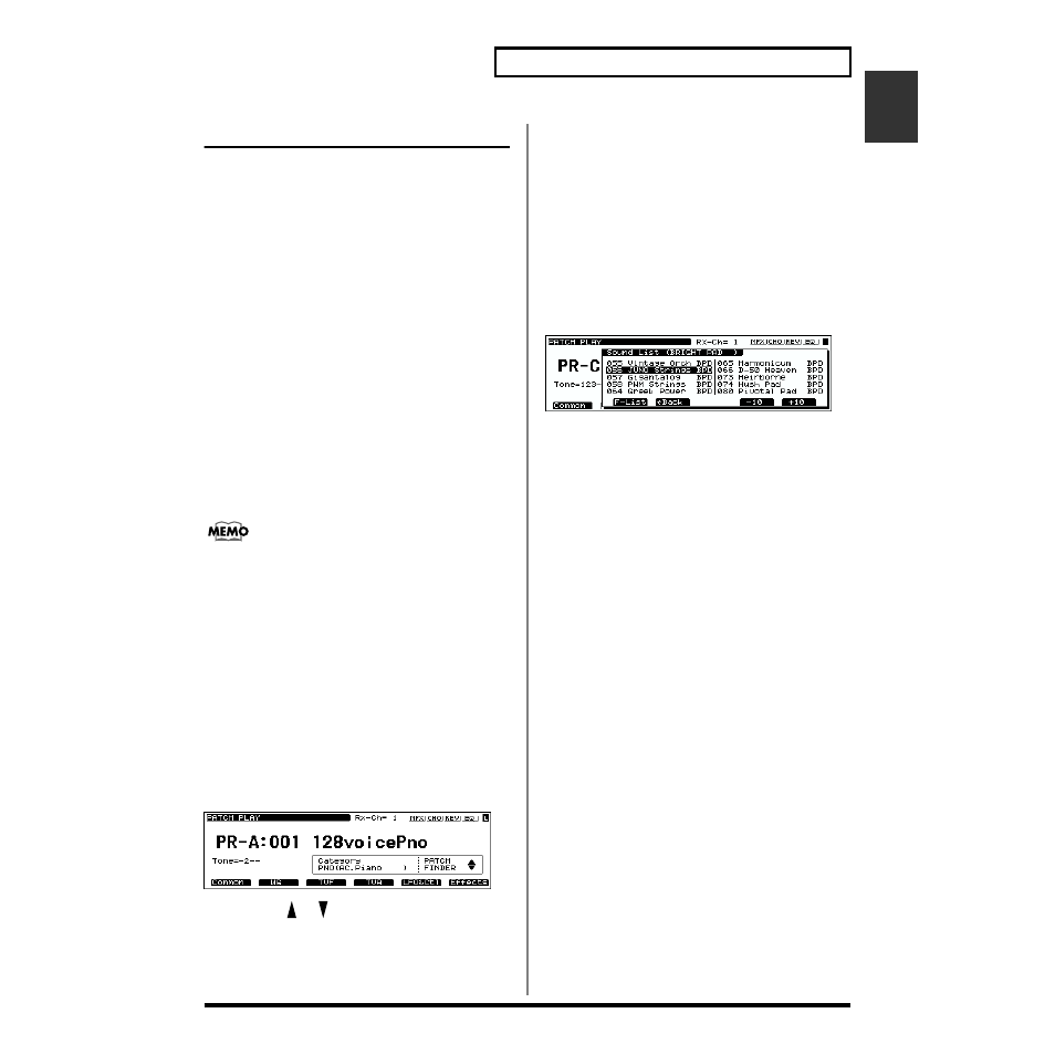 Selecting a patch, Basic procedure for selecting a patch, Selecting patches by category (patch finder) | Roland XV-5080. User Manual | Page 19 / 312