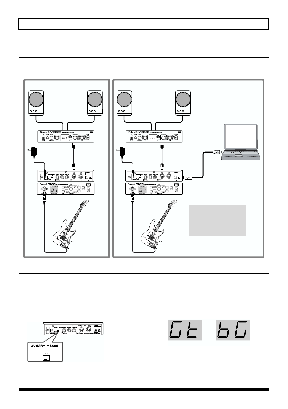 Connection examples, Selecting the guitar or bass, 10 preparations to make before performing | Roland GI-20 User Manual | Page 10 / 72
