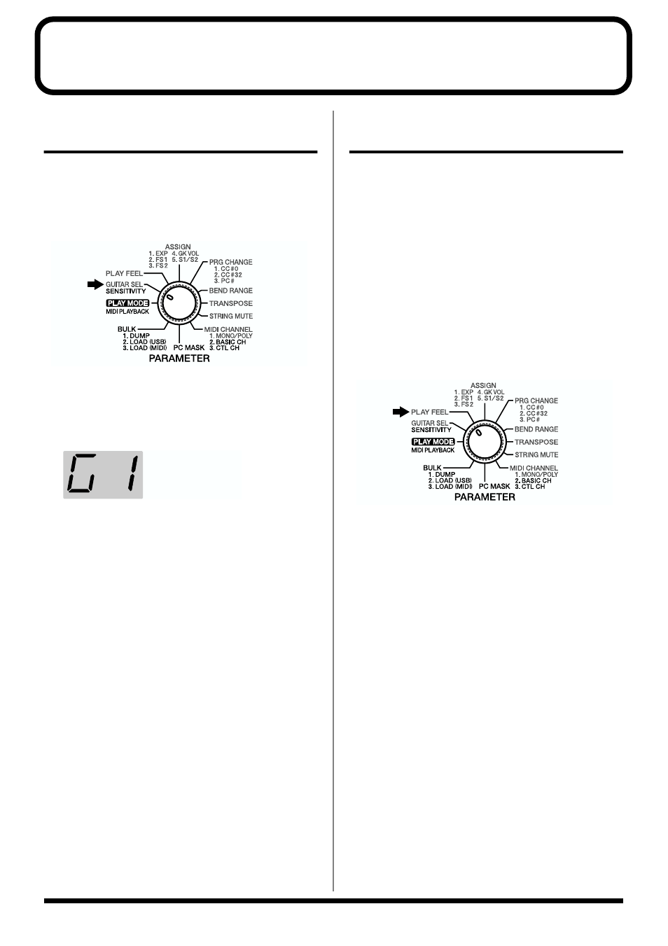 Chapter 2 creating your own settings (patches), Calling up the input sensitivity settings, Setting the feeling of the performance (play feel) | Chapter 2, Creating your own settings (patches), Guitar sel (p. 18), Play feel (p. 18) | Roland GI-20 User Manual | Page 18 / 72