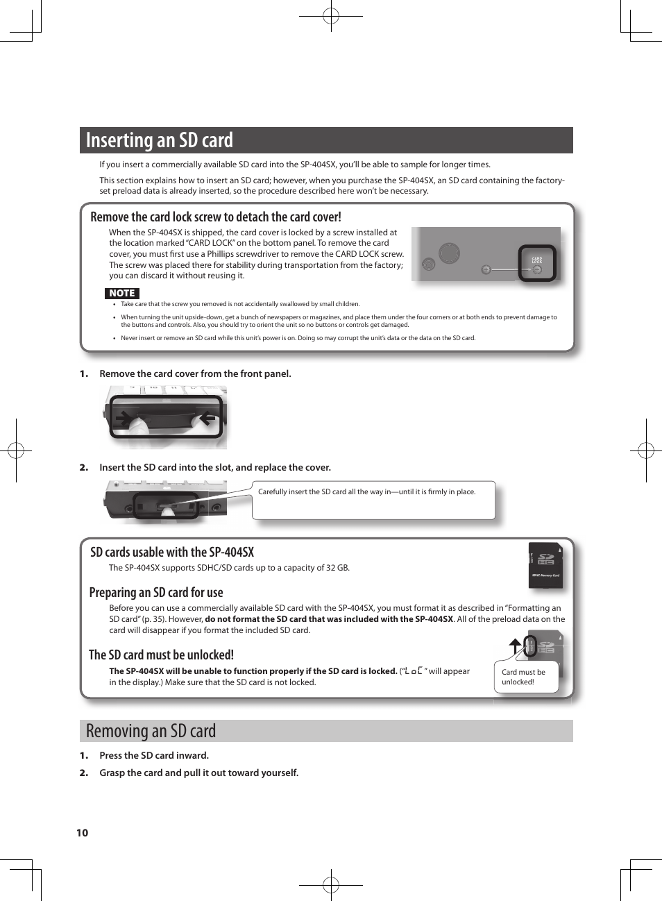 Inserting an sd card, Removing an sd card, Sd cards usable with the sp-404sx | Preparing an sd card for use, The sd card must be unlocked | Roland SP-404SX User Manual | Page 10 / 54