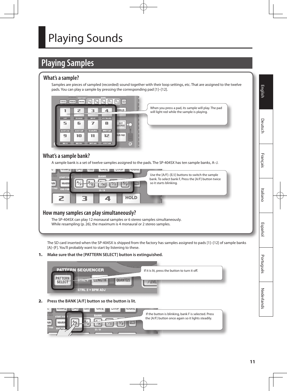 Playing sounds, Playing samples, What’s a sample | What’s a sample bank, How many samples can play simultaneously | Roland SP-404SX User Manual | Page 11 / 54