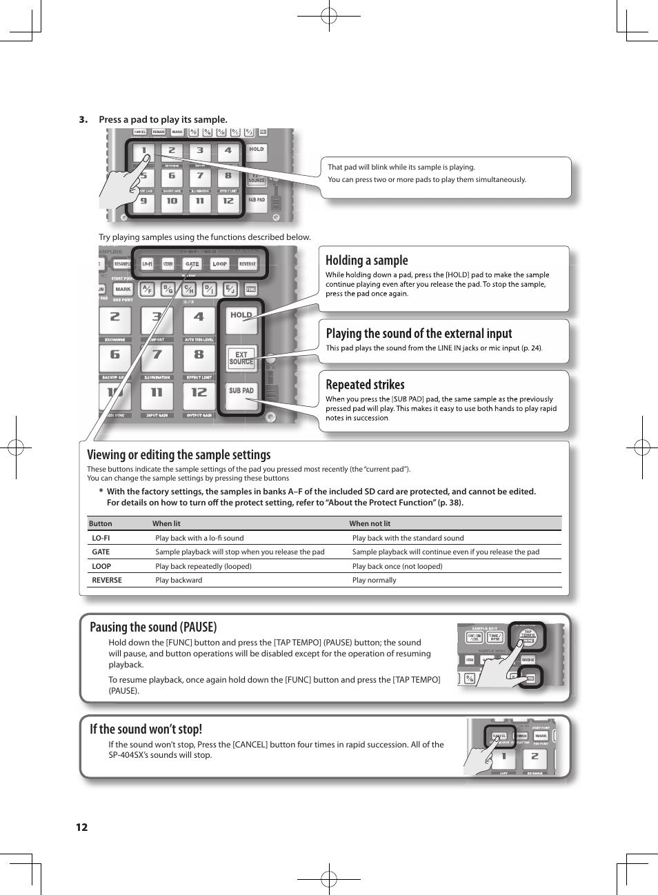 Holding a sample, Playing the sound of the external input, Repeated strikes | Viewing or editing the sample settings, Pausing the sound ( pause), If the sound won’t stop | Roland SP-404SX User Manual | Page 12 / 54