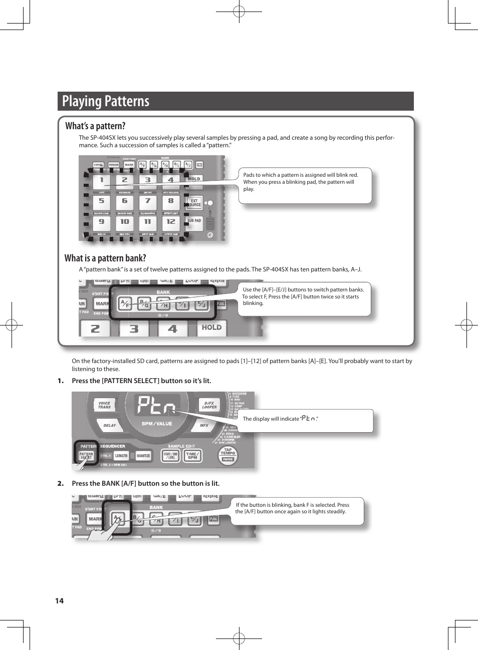 Playing patterns, What’s a pattern, What is a pattern bank | Roland SP-404SX User Manual | Page 14 / 54