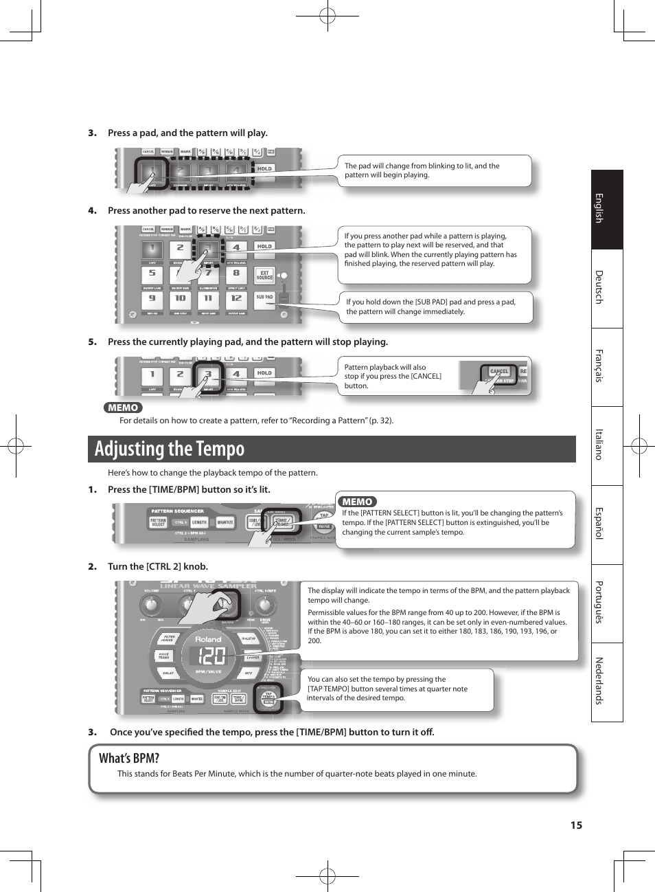 Adjusting the tempo, What’s bpm | Roland SP-404SX User Manual | Page 15 / 54