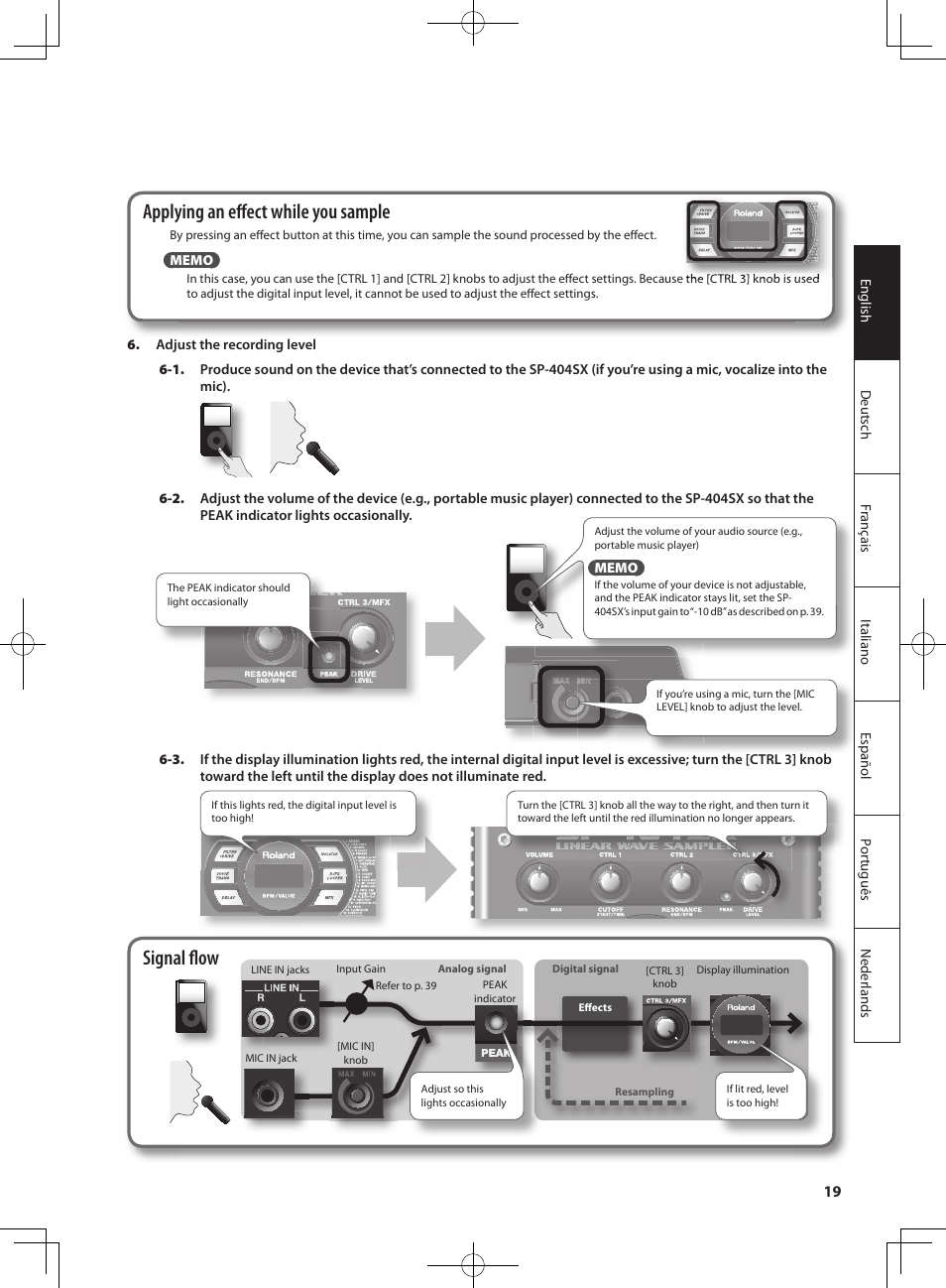 Applying an eff ect while you sample, Signal ﬂ ow | Roland SP-404SX User Manual | Page 19 / 54
