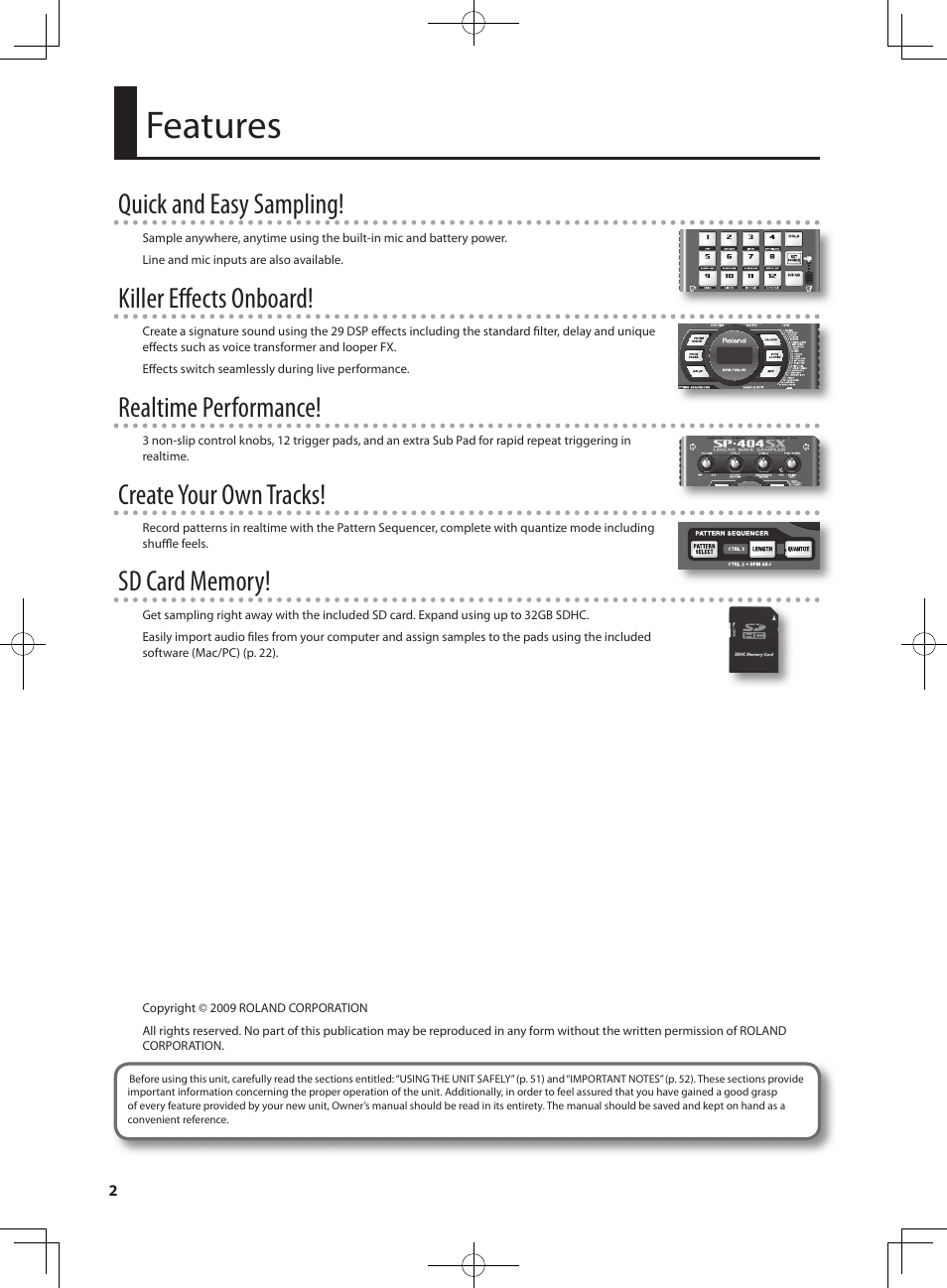 Features, Quick and easy sampling, Killer eff ects onboard | Realtime performance, Create your own tracks | Roland SP-404SX User Manual | Page 2 / 54