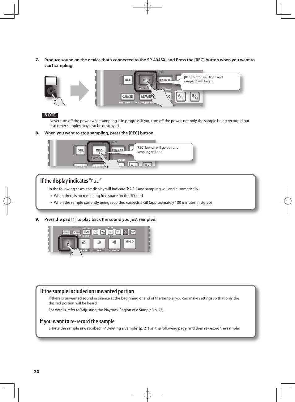If the display indicates, If the sample included an unwanted portion, If you want to re-record the sample | Roland SP-404SX User Manual | Page 20 / 54