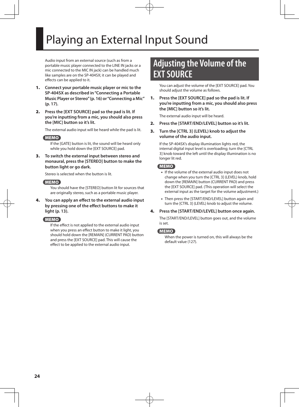 Playing an external input sound, Adjusting the volume of the ext source | Roland SP-404SX User Manual | Page 24 / 54