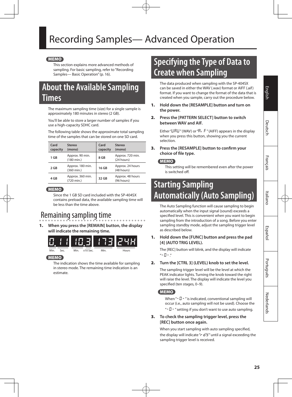 2 4 h, Recording samples— advanced operation, About the available sampling times | Starting sampling automatically (auto sampling), Remaining sampling time | Roland SP-404SX User Manual | Page 25 / 54
