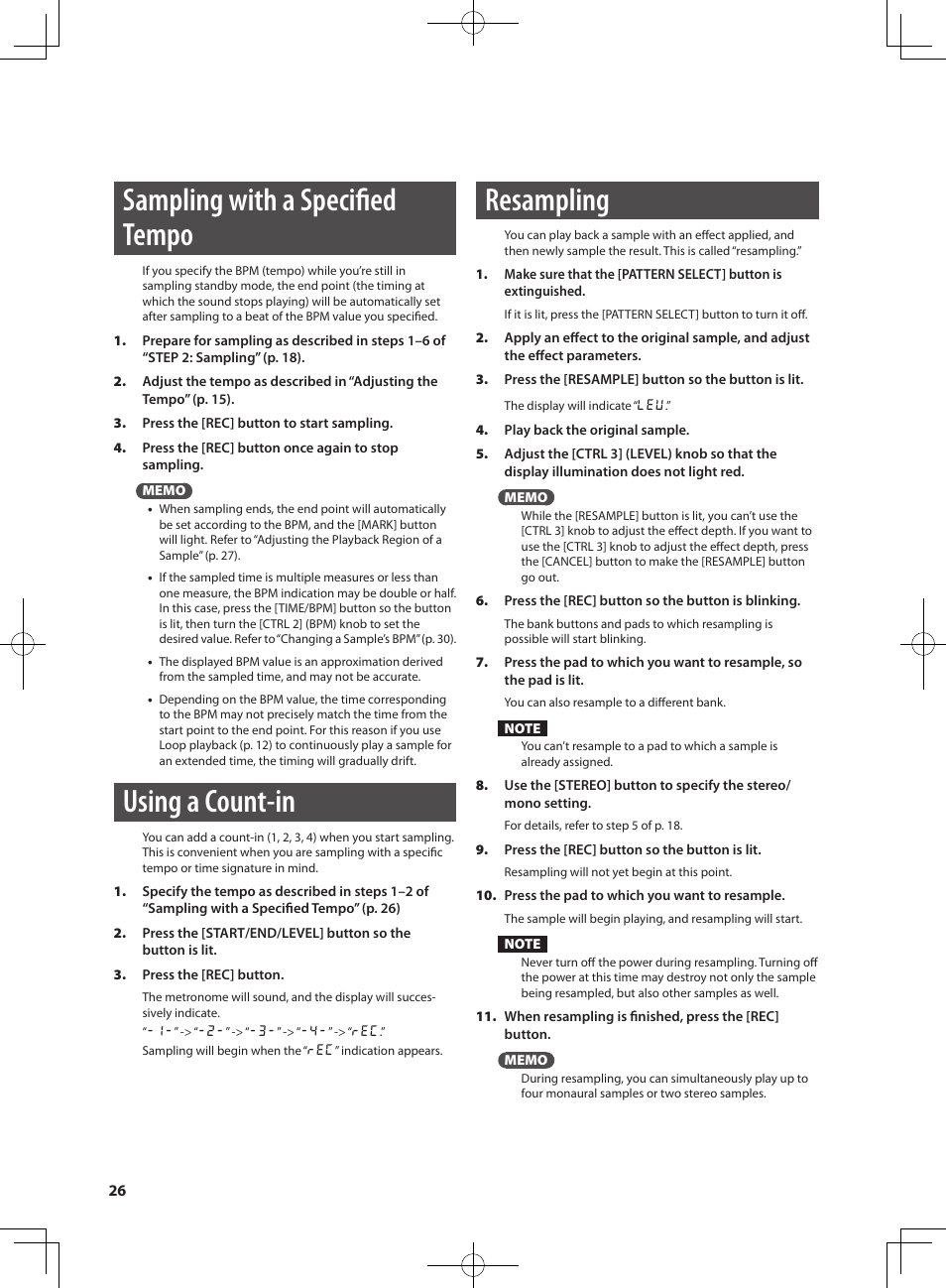 Sampling with a specified tempo, Using a count-in, Resampling | Roland SP-404SX User Manual | Page 26 / 54