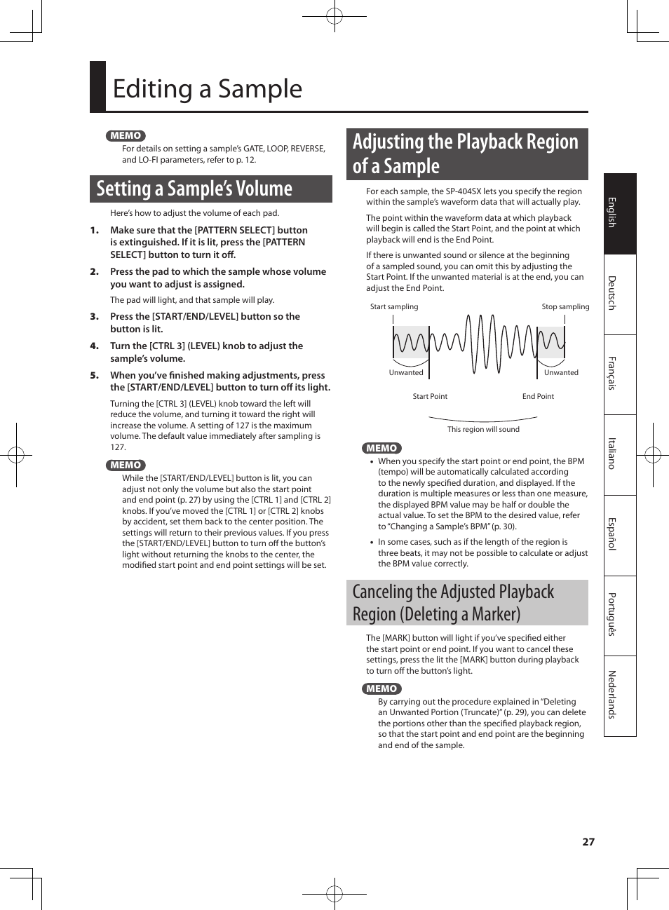 Editing a sample, Setting a sample’s volume, Adjusting the playback region of a sample | Roland SP-404SX User Manual | Page 27 / 54