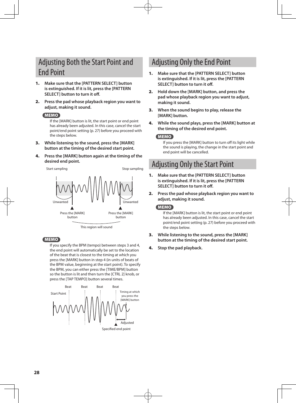 Adjusting both the start point and end point, Adjusting only the end point, Adjusting only the start point | Roland SP-404SX User Manual | Page 28 / 54