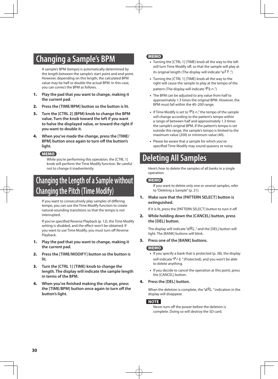 Changing a sample’s bpm, Deleting all samples | Roland SP-404SX User Manual | Page 30 / 54