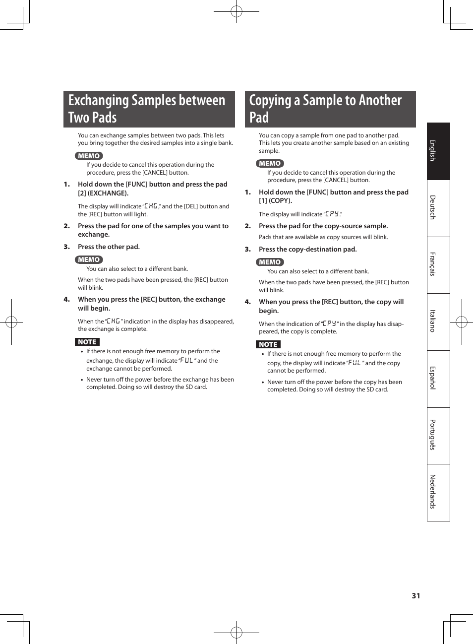 Exchanging samples between two pads, Copying a sample to another pad | Roland SP-404SX User Manual | Page 31 / 54