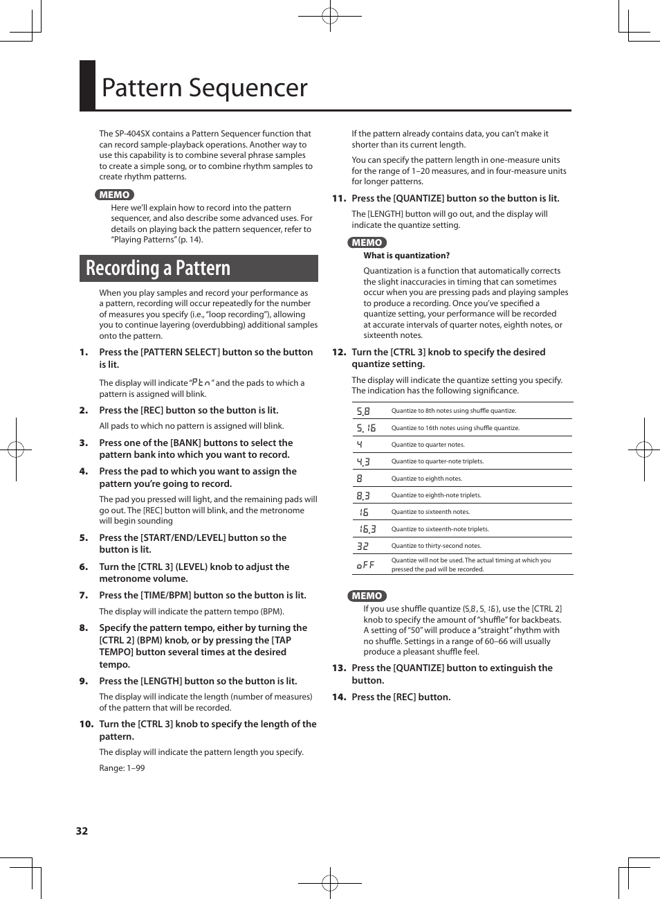 Pattern sequencer, Recording a pattern | Roland SP-404SX User Manual | Page 32 / 54
