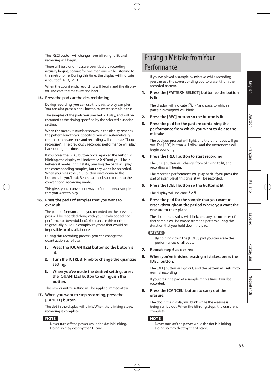 Erasing a mistake from your performance | Roland SP-404SX User Manual | Page 33 / 54