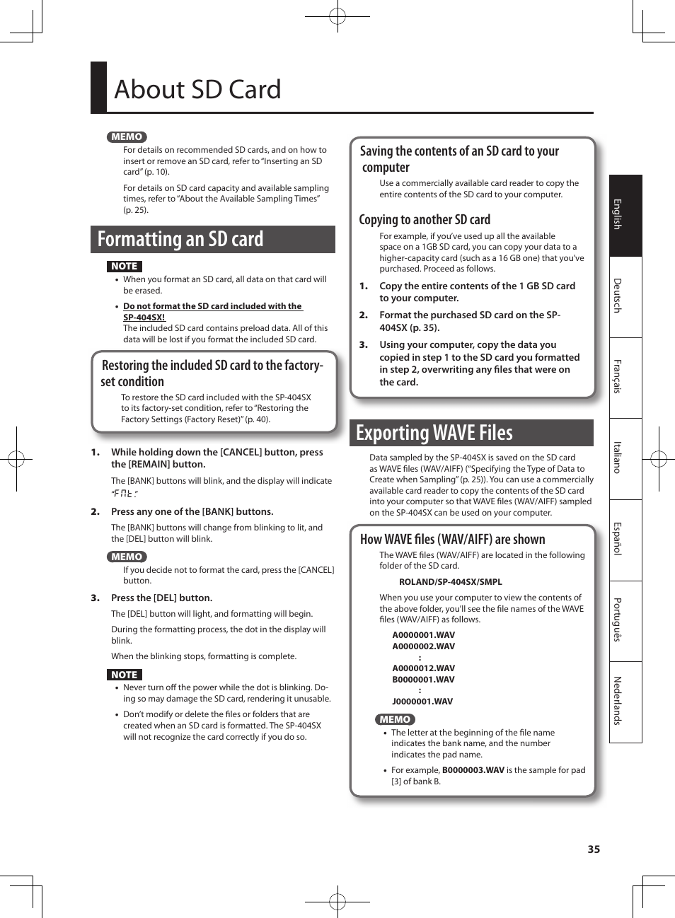 About sd card, Formatting an sd card, Exporting wave files | Saving the contents of an sd card to your computer, Copying to another sd card, How wave fi les ( wav/ aiff) are shown | Roland SP-404SX User Manual | Page 35 / 54