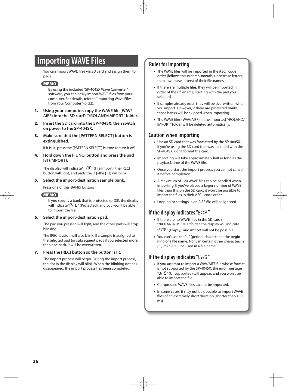 Importing wave files, Rules for importing, Caution when importing | If the display indicates, E n p, U n s | Roland SP-404SX User Manual | Page 36 / 54