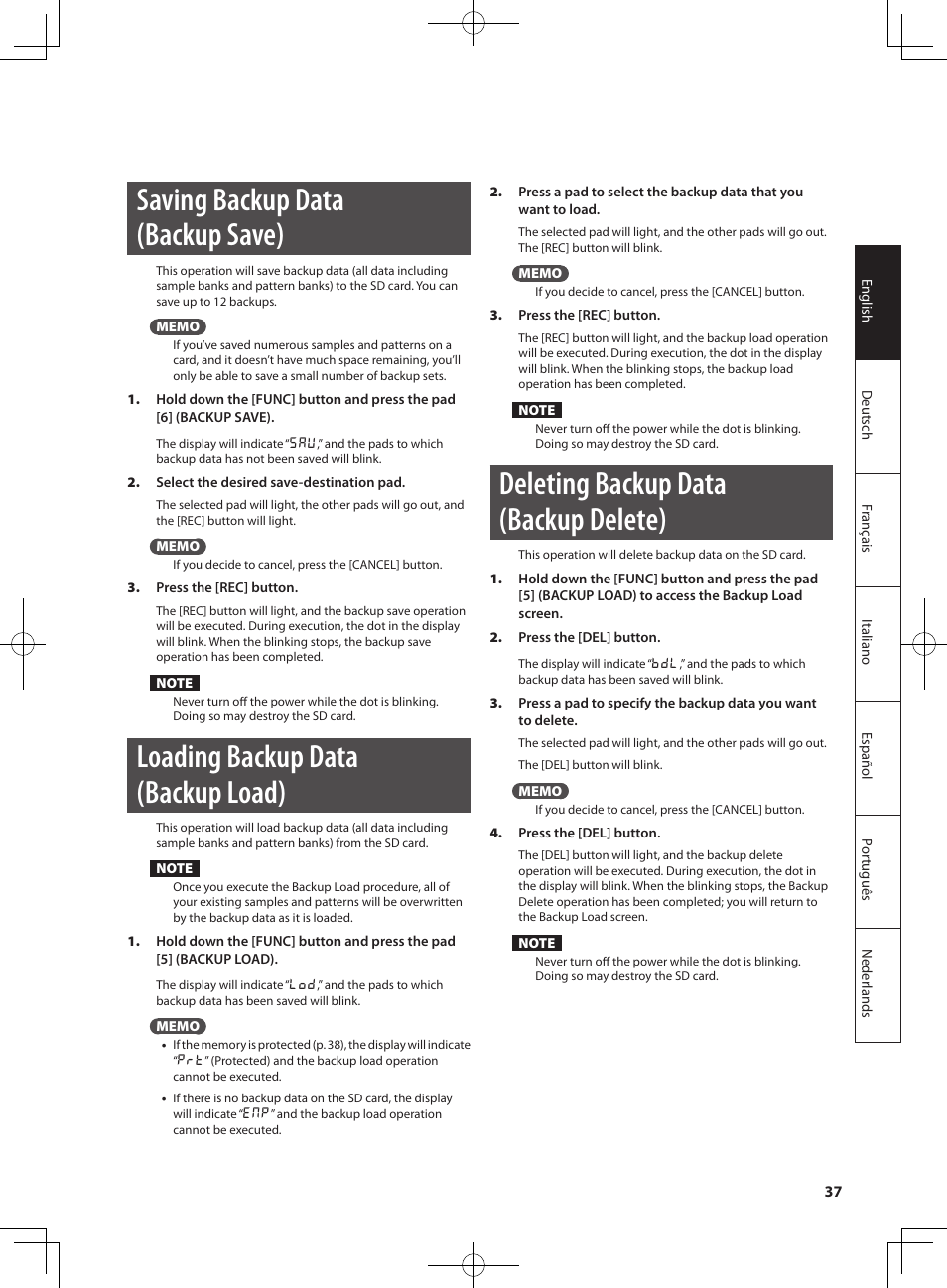 Saving backup data (backup save), Loading backup data (backup load), Deleting backup data (backup delete) | Roland SP-404SX User Manual | Page 37 / 54