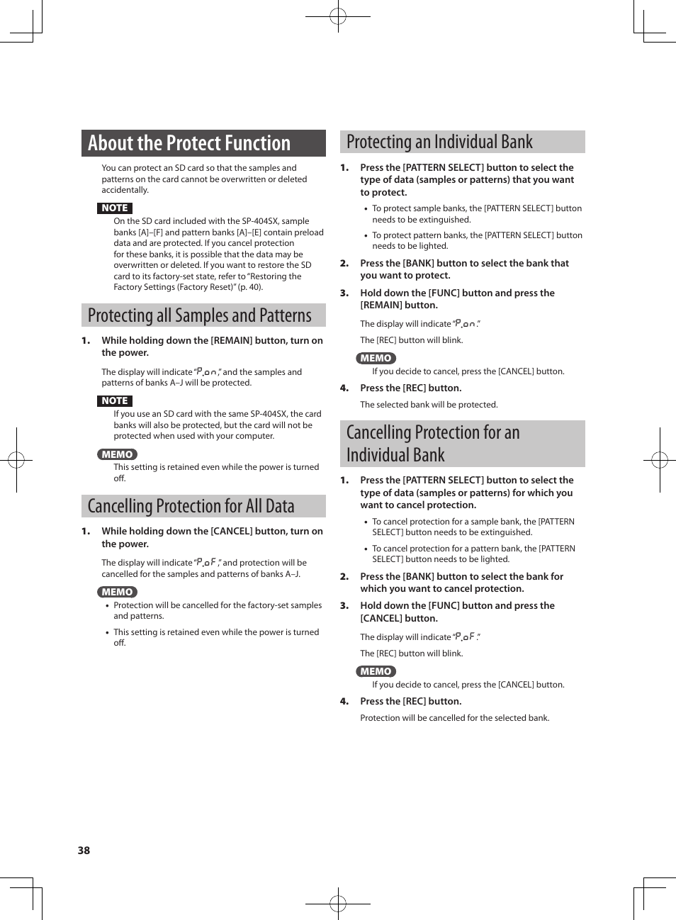 About the protect function, Protecting all samples and patterns, Cancelling protection for all data | Protecting an individual bank, Cancelling protection for an individual bank | Roland SP-404SX User Manual | Page 38 / 54