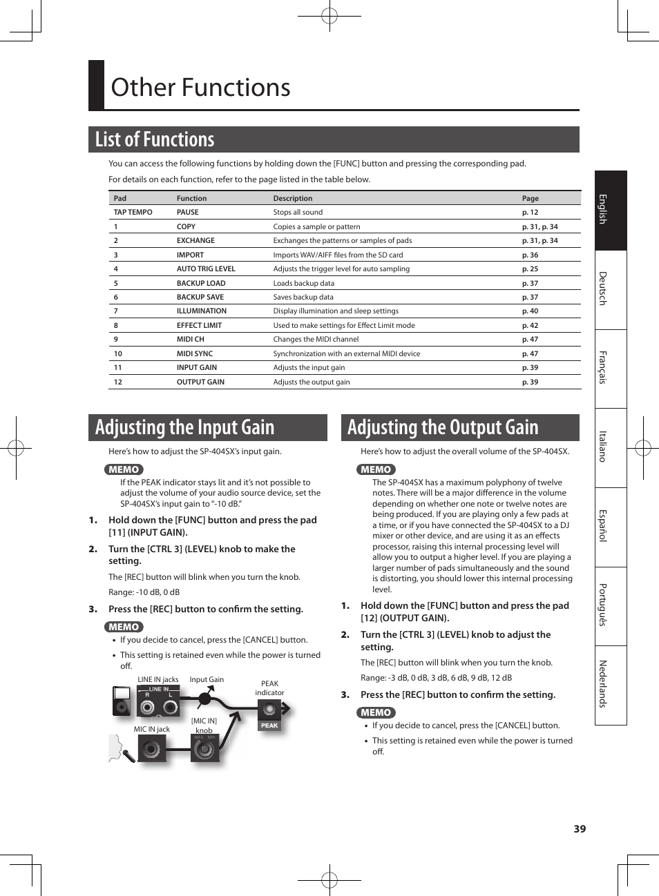 Other functions, List of functions, Adjusting the input gain | Adjusting the output gain | Roland SP-404SX User Manual | Page 39 / 54
